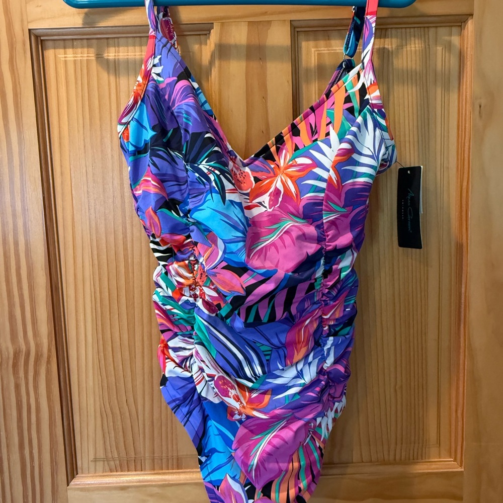 Aqua Green Purple and Blue One Piece Swimsuit with V-Neckline